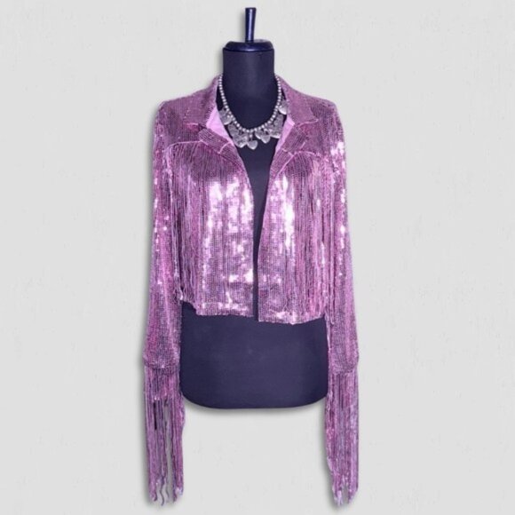 NWT Hot Topic Taylor Swift style Sequin Fringe Blazer Tassel Barbie Pink sz S/M - Picture 2 of 15